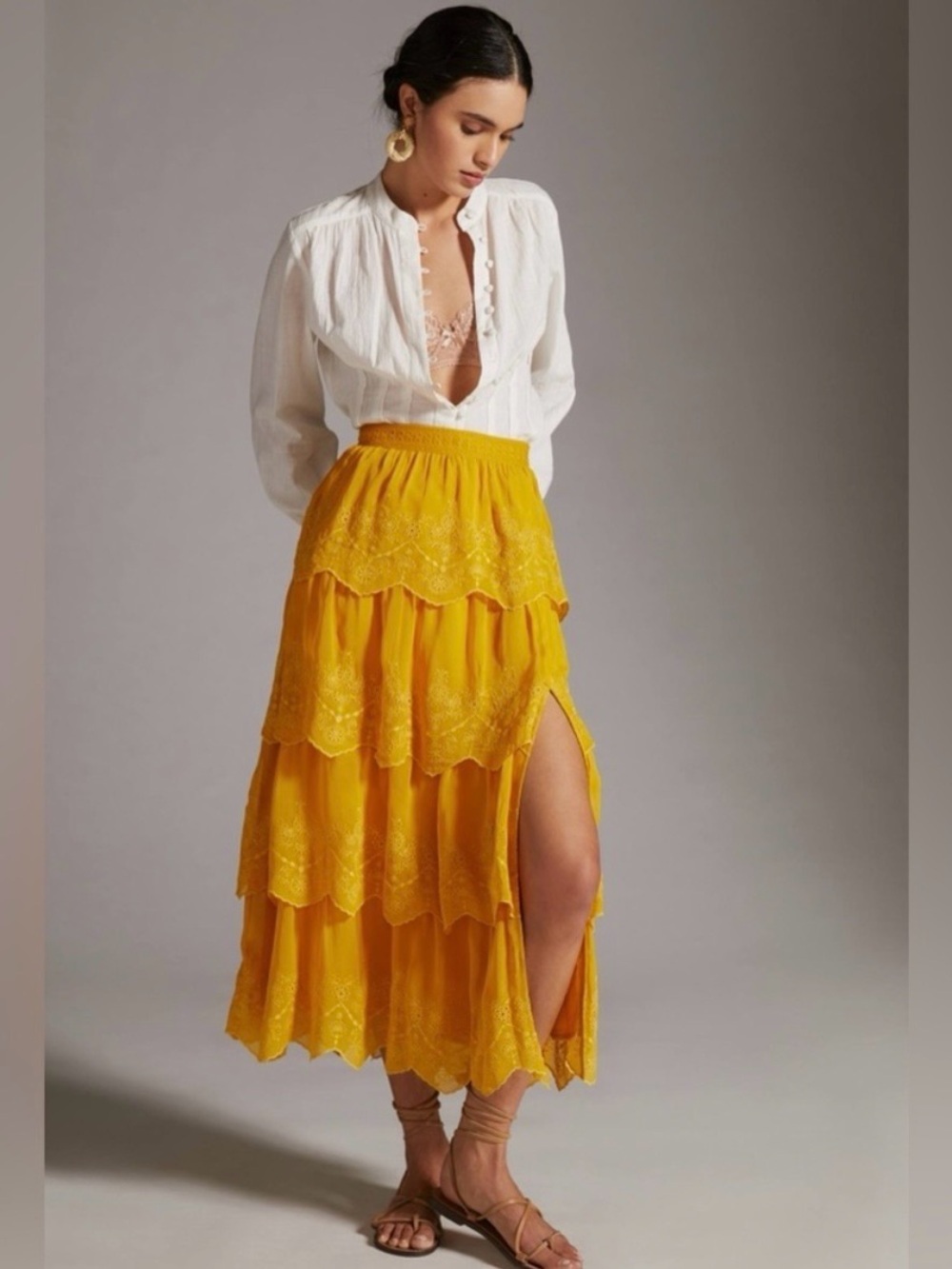 Anthropologie Tiered Lace Eyelet Side Slit Skirt Sz 2 Yellow Boho Flowy Chic